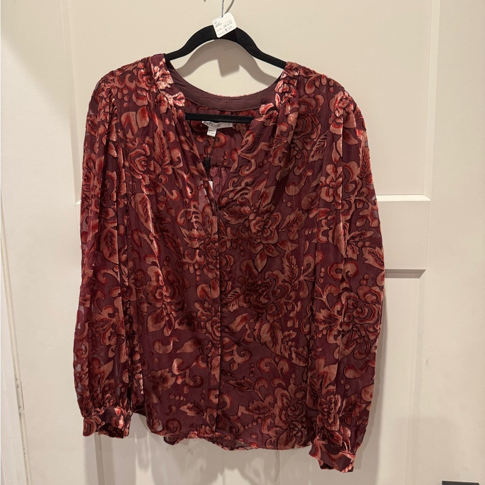 NWT Chico's Floral Burnout Long Sleeve Fashion Top in Deep Raisin